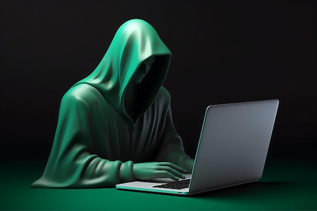 hacker in hood wearing computer use laptop device