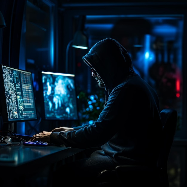 Hacker in a hood works in a dark office A man sitting in front of a computer in a dark room