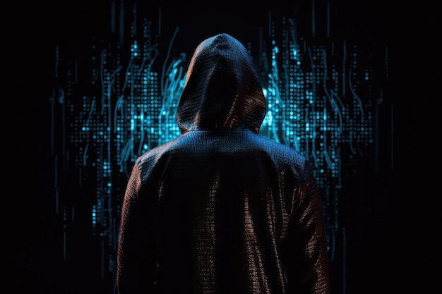 Hacker in a hoodie back view under dark lighting