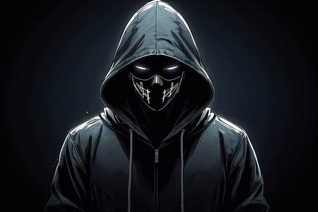 Hacker in a hoodie is standing in a dark room