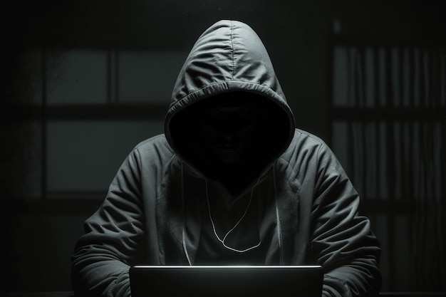 Photo hacker in hoodie on laptop in dark room