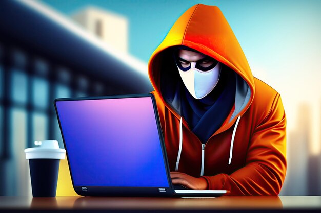 Hacker in hoodie and mask that hides his face works at laptop PNG isolated on transparent background