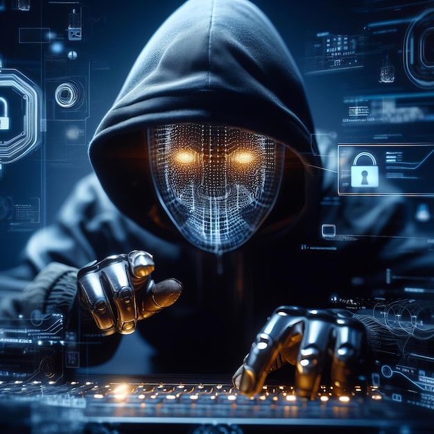 hacker in a hoodie and mask with glowing eyes typing on a keyboard with a futuristic interface