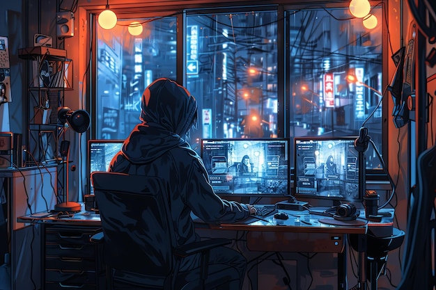 A hacker in a hoodie sitting at a desk with three monitors on it working to break into systems of th
