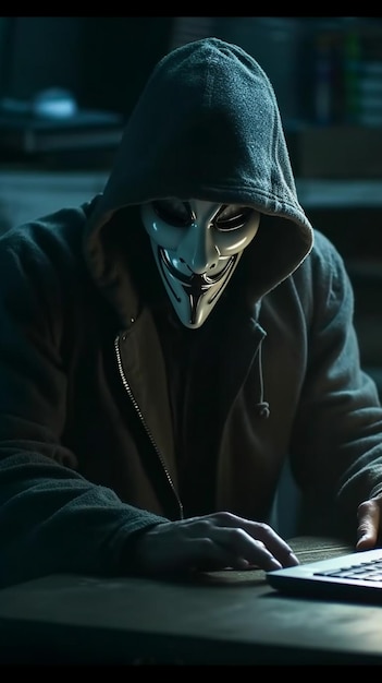 Photo hacker in a hoodie sitting at his computer