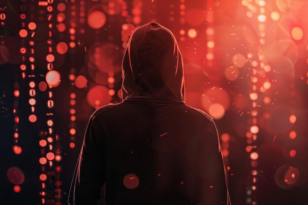 hacker in hoodie standing on abstract dark hacking background with bokeh circles and binary coding