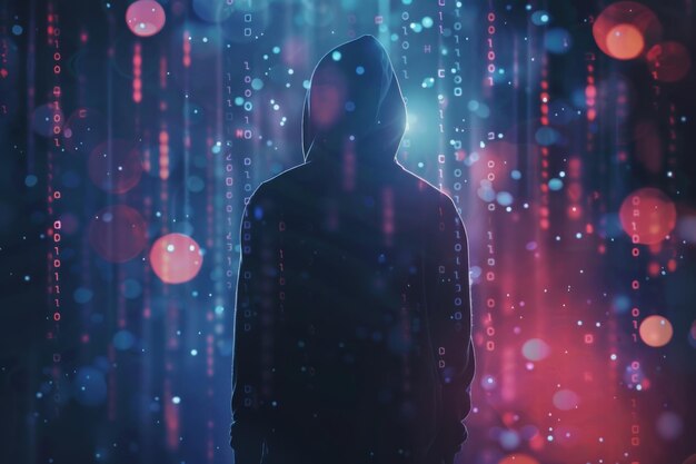 hacker in hoodie standing on abstract dark hacking background with bokeh circles and binary coding