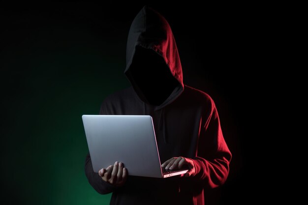 a hacker in a hoodie using a laptop computer isolated on dark background with neon light