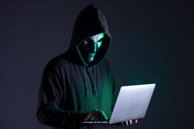 a hacker in a hoodie using a laptop computer isolated on dark background with neon light