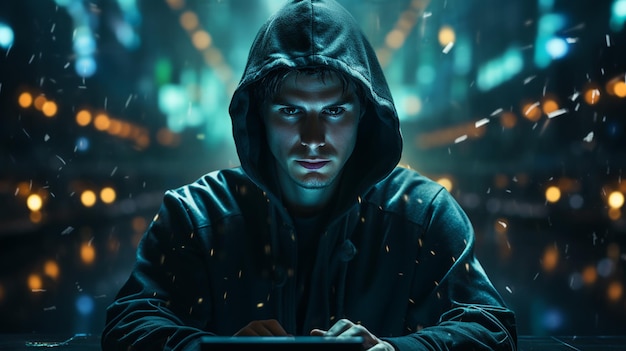 Hacker in a hoodie using a laptop in a dark room mixed mediagenerative ai