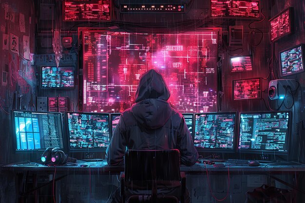 A hacker in a hoodie with the hood up sitting at a desk surrounded by computer monitors showing lines of code The dark room is lit only by the glowing screens with neon accents Generative AI