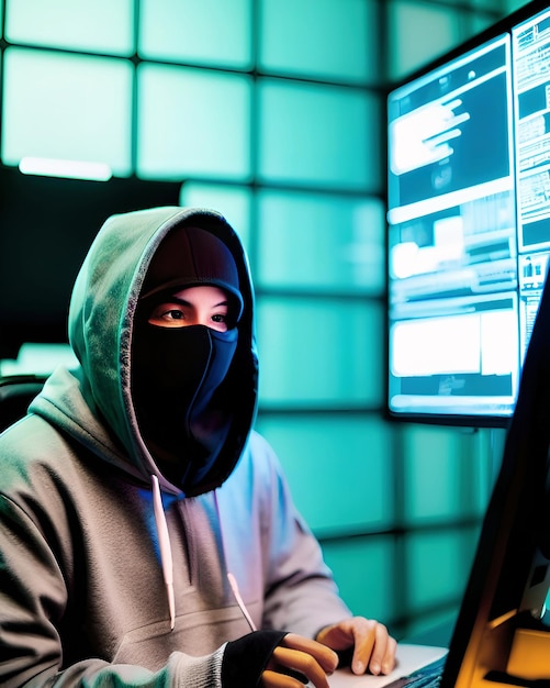 写真 フードとマスクをかぶったハッカーがコンピューターからデータを盗む
