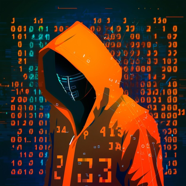 Фото Хакер в оранжевом капюшоне гений компьютерного мира числа и матрица