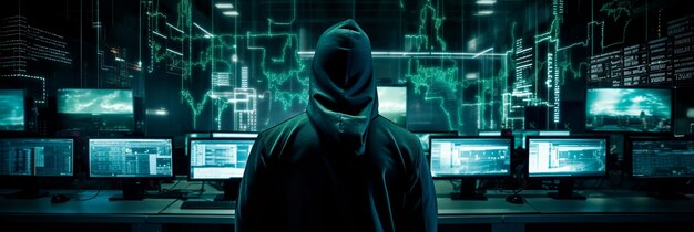 hacker in een donkere ondergrondse omgeving die cybersecurity-uitdagingen in het digitale rijk benadrukt Generatieve AI