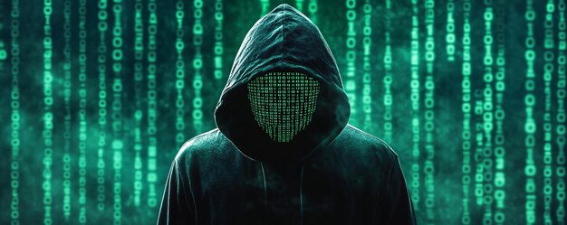 Hacker in een hoodie decodeert de code met binaire cijfers op de achtergrond