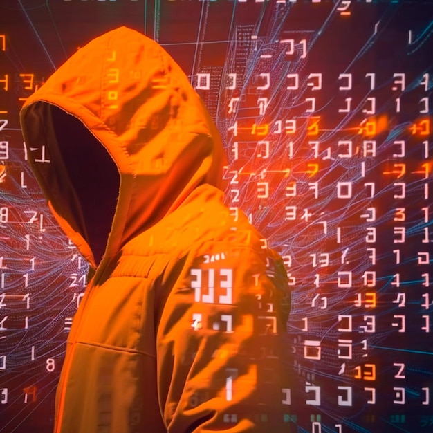 Hacker in een oranje kap Genie van de computerwereld Numbers and Matrix