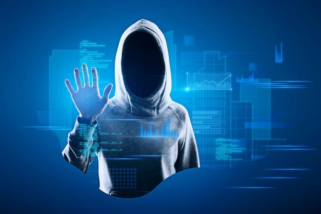Hacker in hoodie met behulp van abstracte blauwe codering en tech informatie hologram interface Database hacking cloud computing en wetenschap concept Double exposure