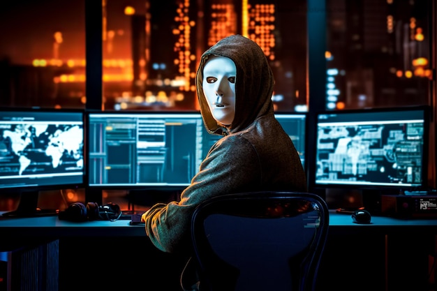 Hacker in wit masker met computer en server