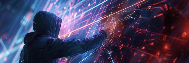 a hacker interacts with complex digital displays methodically inputting commands in a dark environment filled with glowing graphics generative ai