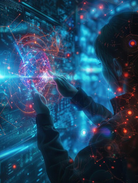 a hacker interacts with a digital interface manipulating complex data and visualizations in a dimly lit hightech setting generative ai