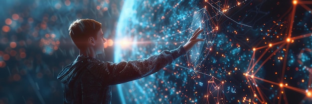 해커는 복잡한 네트워크 패턴과 데이터 포인트를 표시하는 빛나는 디지털 인터페이스와 상호 작용합니다.