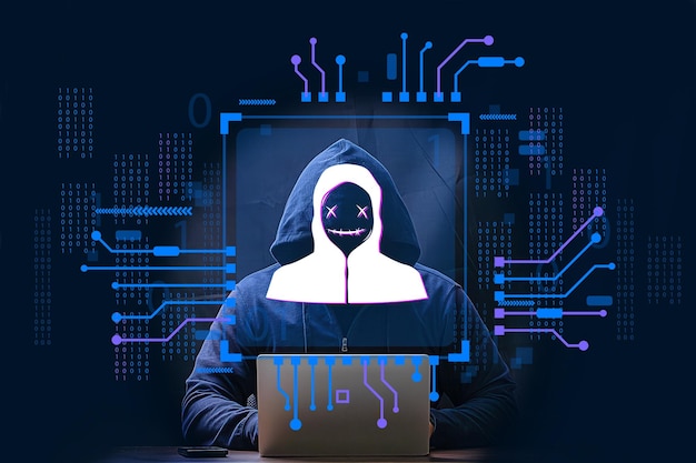 hacker and internet technology crime with digital abstract hologram data background