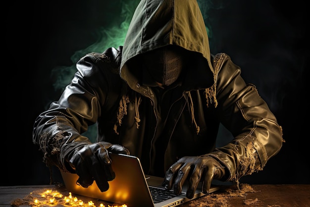 The hacker is sitting with his hands behind his back using a laptop and wearing a hooded black ho