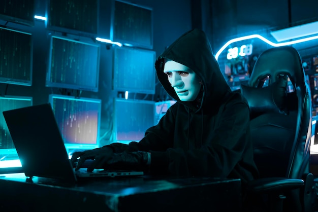 A Hacker is using laptop computer to steal data in the night