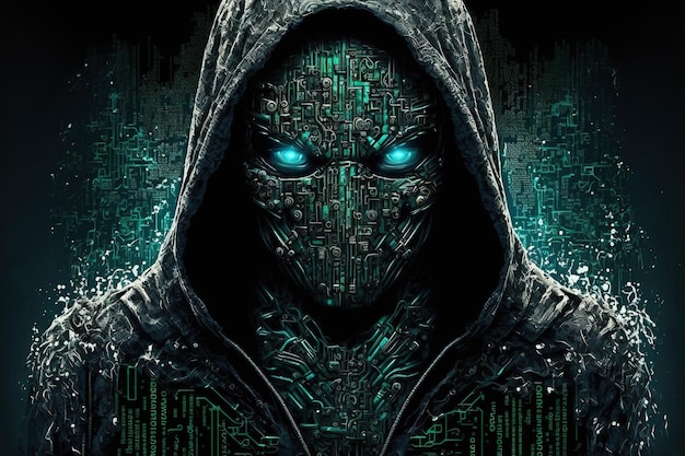 A hacker a man in a hooded jacket with glowing eyes and a hoodie over his face is surrounded by a digital pattern Generative AI