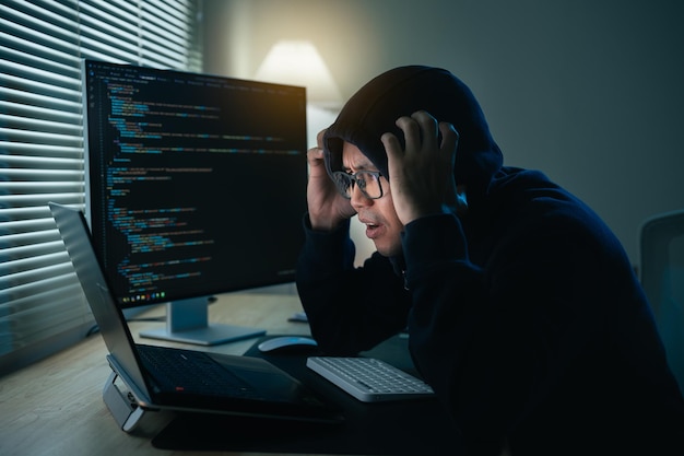 Hacker man wearing glasses and hood depression or serious mistake for hack network security system Dangerous Hooded Hacker Breaks into Government Data Servers and Infects Their System with a Virus