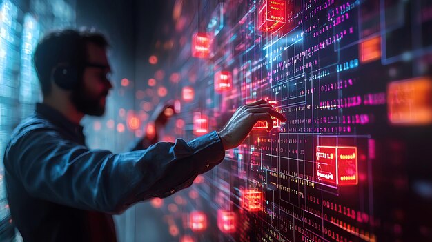 하커가 가상 환경에서 데이터를 조작합니다. 떠다니는 큐브와 바이너리 코드 스트림으로 표현됩니다.