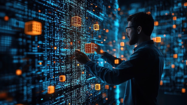 하커가 가상 환경에서 데이터를 조작합니다. 떠다니는 큐브와 바이너리 코드 스트림으로 표현됩니다.