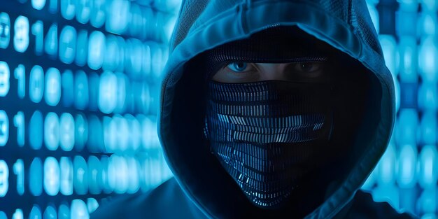 hacker in mask and hoodie with binary code background cyber security concept concept cyber security hacker binary code technology data protection