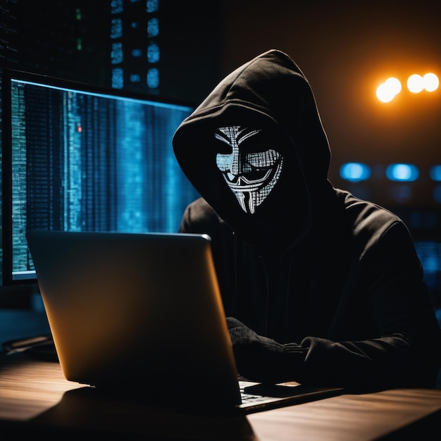 Hacker in mask stealing information from laptop computer