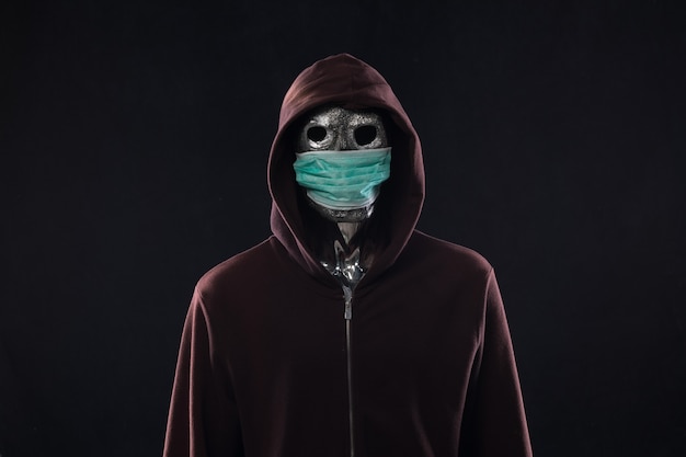 hacker in a medical mask in the hood