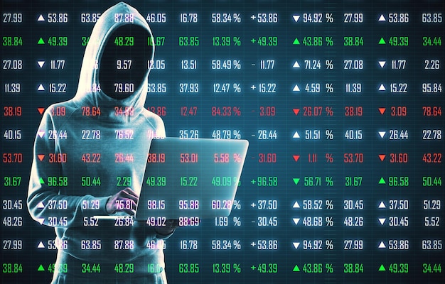 Hacker met behulp van laptop op creatieve forex grafiek index achtergrond Hacking technologie en handelsconcept Dubbele blootstelling