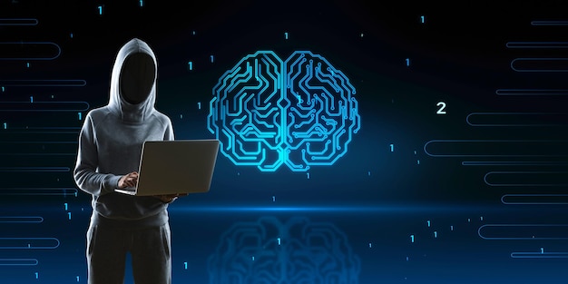 Hacker met behulp van laptopcomputer met abstracte gloeiende menselijke hersenen hologram op onscherpe achtergrond Neurologie onderzoek hacking gegevensdiefstal en kunstmatige intelligentie concept