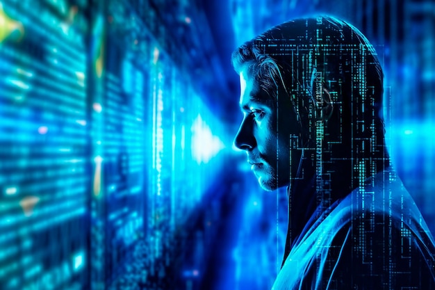Foto hacker met een achtergrond in blauwe tinten