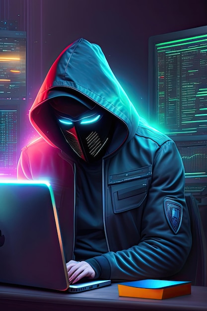 Foto hacker met een kap met een netwerk systeem met een computer hacking cybersecurity cybercrime cyberattack