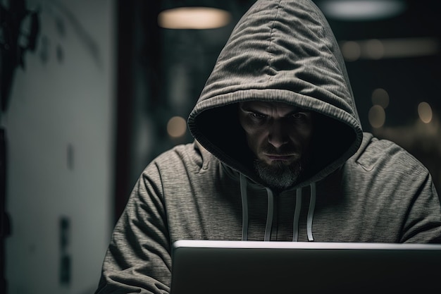 Hacker met een laptop en een grijze hoodie