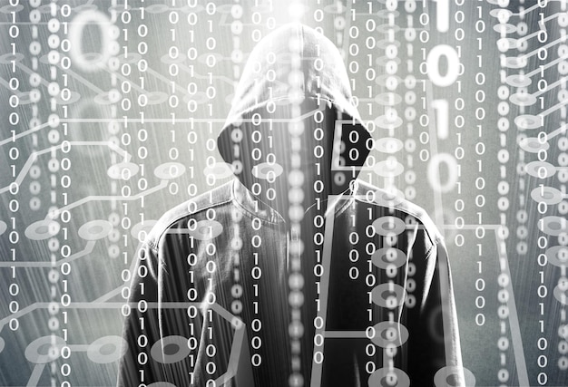 Hacker met inlogscherm, computerfraude concept achtergrond