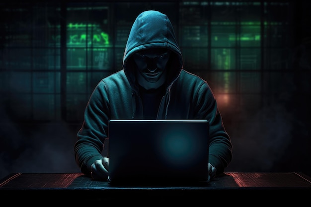 Hacker met laptop in capuchon donker thema Generatieve ai