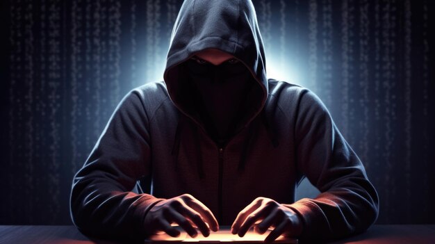 写真 ハッカー・オブ・フード・マン - バイナリデータとネットワークのサイバーセキュリティのコンセプト - オンラインフィッシング詐欺