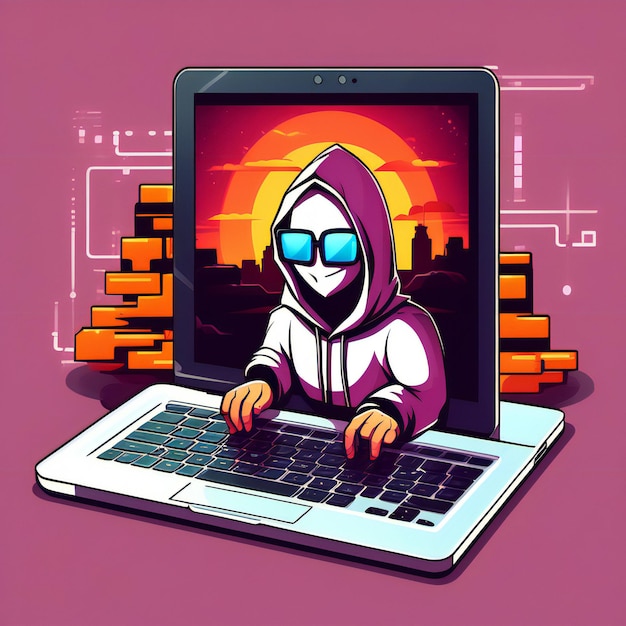 Хакер, управляющий ноутбуком с иконой мультфильма 2D