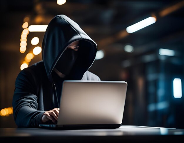 A hacker operating a laptop while hiding his face behind a hood in a dimly lit space