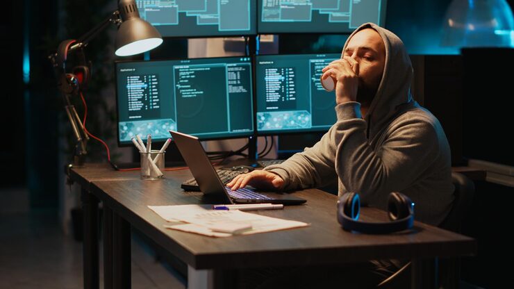 Photo hacker programmer coding system late at night, using virus to produce computer malware and error. data developer stealing information from software app, working with multiple monitors.