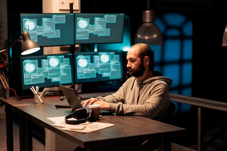Photo hacker programmer hacking system at office, using virus to produce computer malware and server error. data thief stealing information from company software app, working with multiple monitors.