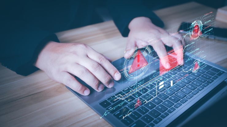 Photo 노트북을 사용하는 해커 또는 프로그래머는 삼각형 경고 표시 코딩 암호화 해커 범죄 바이러스 알림 오류 및 유지보수 개념 컴퓨터 빨간 경고 표지