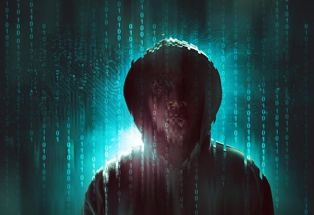 hacker over a screen with binary code