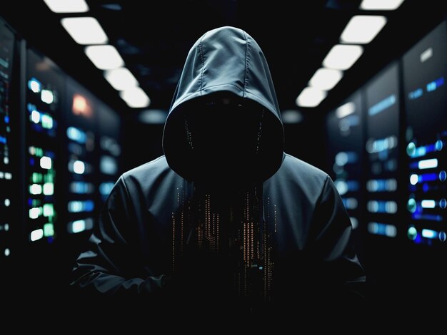 Hacker in the server room background